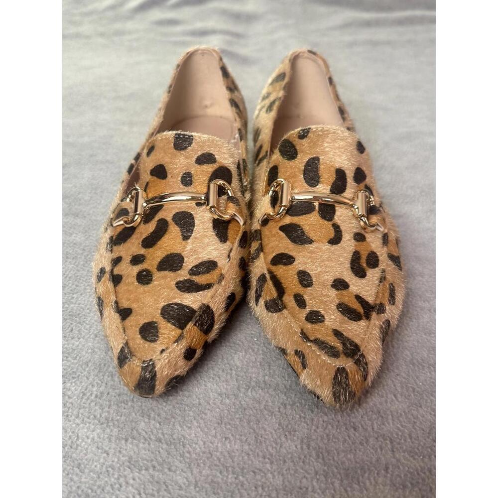 leopard print faux calf hair loafers pointed toe gold bit‎ flats